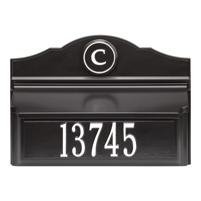 Black and white custom wall mount mailbox with prominent house number and monogram, handcrafted in the USA, enhancing curb appeal in Home & Decor and Mailboxes collections.