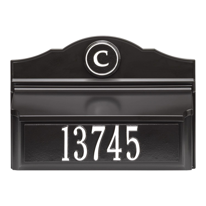 Black and white custom wall mount mailbox with prominent house number and monogram, handcrafted in the USA, enhancing curb appeal in Home & Decor and Mailboxes collections.