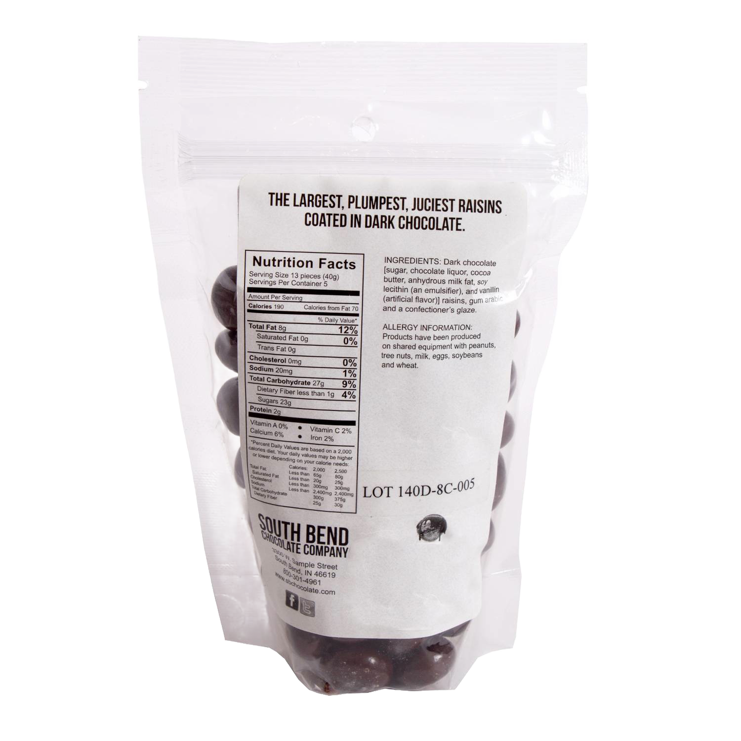 Back of resealable package showing nutrition facts, ingredients, and allergy information for handcrafted chocolate covered raisins made in USA, part of Kitchen & Food, Snacks and Sweets, Candy, USA Made, Best Sellers, and Promo Eligible collections.