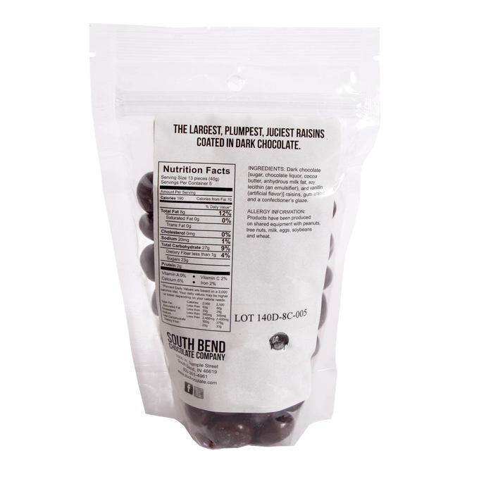 Back of resealable package showing nutrition facts, ingredients, and allergy information for handcrafted chocolate covered raisins made in USA, part of Kitchen & Food, Snacks and Sweets, Candy, USA Made, Best Sellers, and Promo Eligible collections.