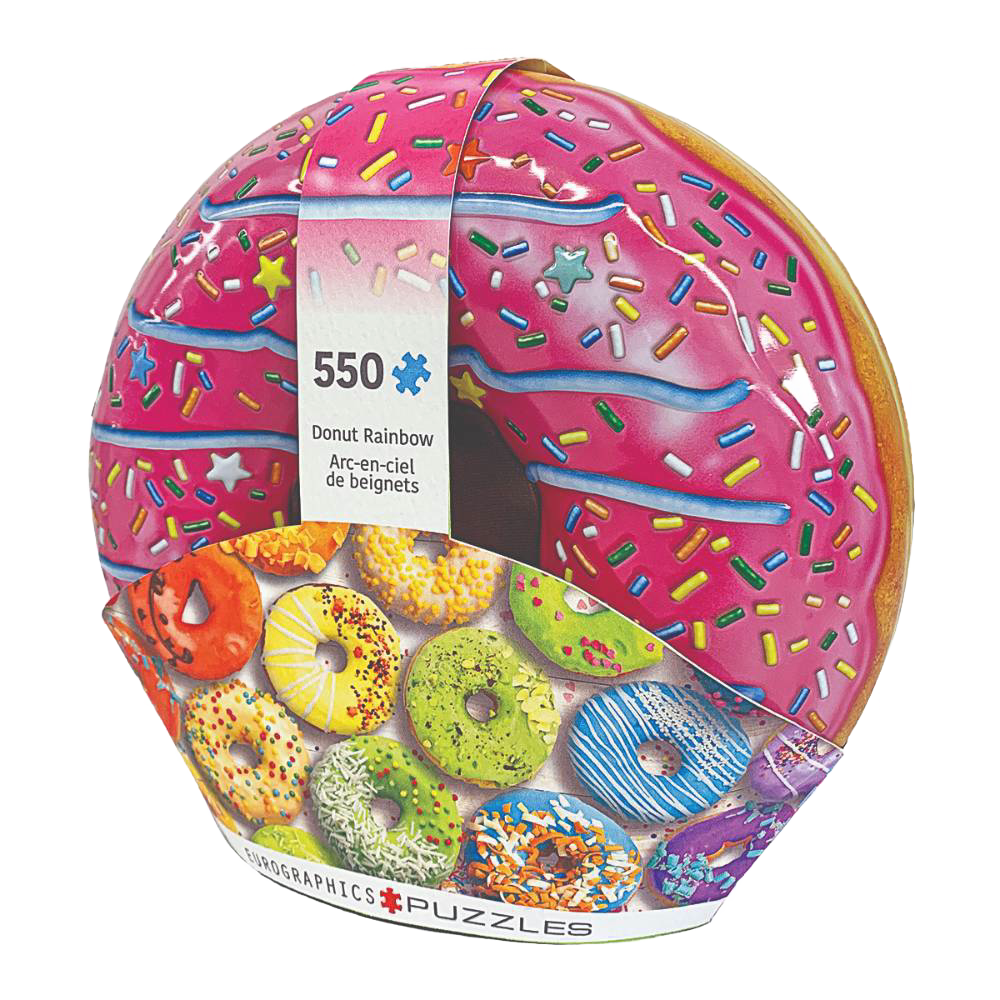 Round metal tin shaped like a colorful pink-frosted donut with rainbow sprinkles, containing a 550-piece handcrafted puzzle from Toys, Books & Games collections.