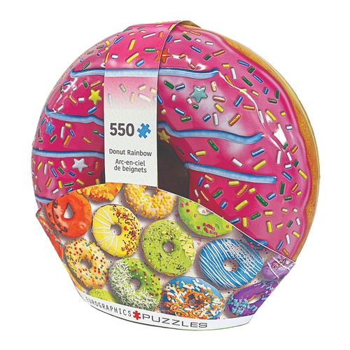 Round metal tin shaped like a colorful pink-frosted donut with rainbow sprinkles, containing a 550-piece handcrafted puzzle from Toys, Books & Games collections.