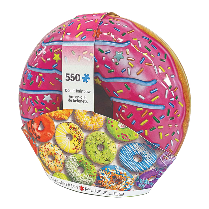 Round metal tin shaped like a colorful pink-frosted donut with rainbow sprinkles, containing a 550-piece handcrafted puzzle from Toys, Books & Games collections.
