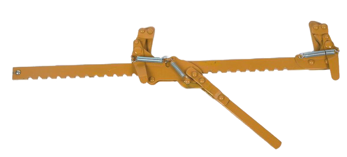 Heavy-duty, handcrafted wire stretcher with metal bar and lever, designed for securing and tightening fence wire in farm, garden, and tool collections.
