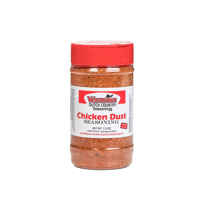 Clear plastic shaker bottle with red lid containing seasoned chicken dust, handcrafted in USA and ideal for Kitchen & Food, Food, Pantry, Best Sellers, and Promo Eligible collections.