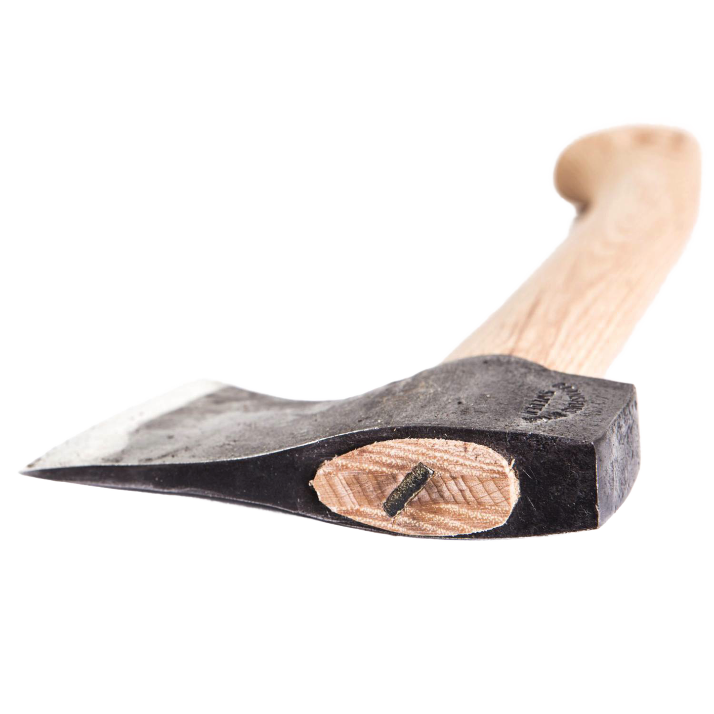 Handcrafted compact hatchet with tempered Swedish steel blade and smooth wooden handle, designed for durability and power in farm, garden, and wood cutting collections.