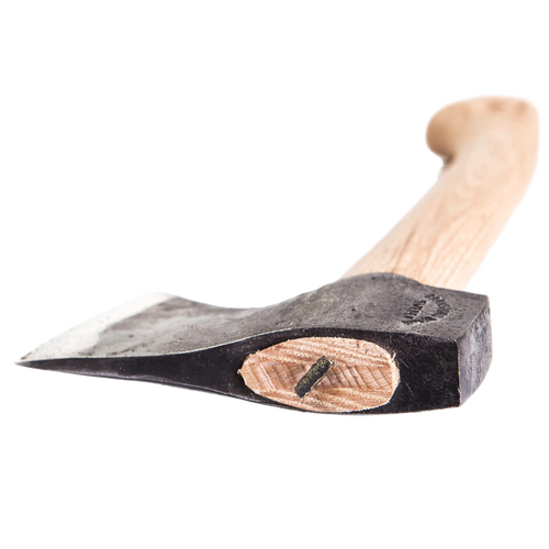 Handcrafted compact hatchet with tempered Swedish steel blade and smooth wooden handle, designed for durability and power in farm, garden, and wood cutting collections.