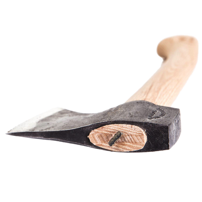 Handcrafted compact hatchet with tempered Swedish steel blade and smooth wooden handle, designed for durability and power in farm, garden, and wood cutting collections.