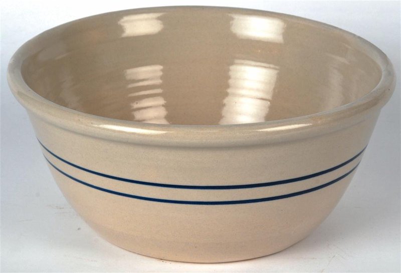 Handcrafted stoneware mixing bowl with a cream base and two blue stripes, made in USA, ideal for Kitchen & Food, Cookware, and Baking Supplies collections.