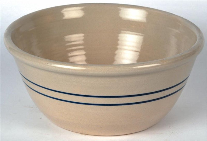 Handcrafted stoneware mixing bowl with a cream base and two blue stripes, made in USA, ideal for Kitchen & Food, Cookware, and Baking Supplies collections.