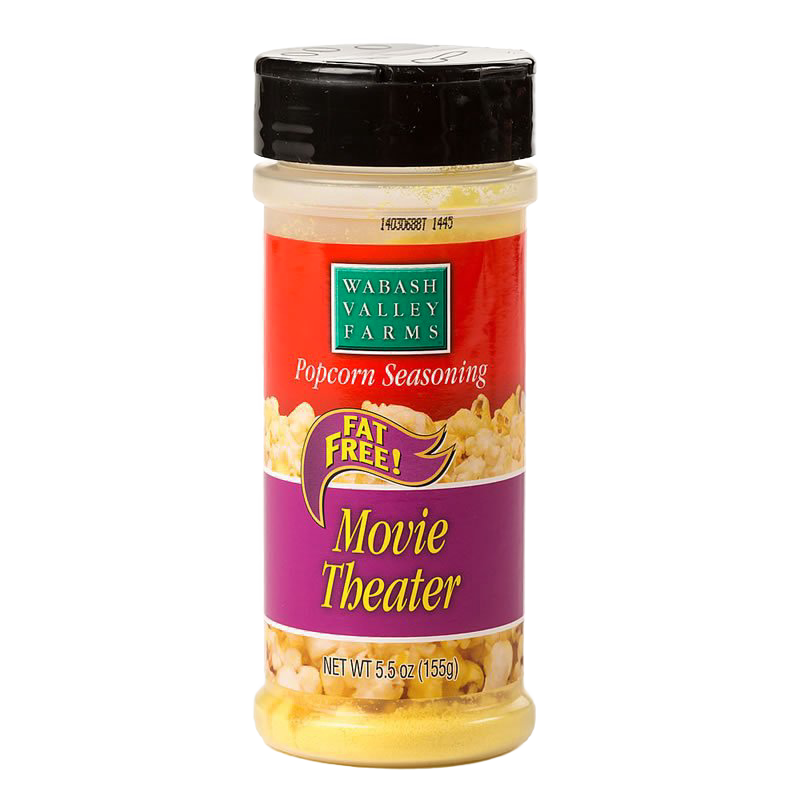 Clear plastic shaker container of fat-free Movie Theater popcorn seasoning with red, green, and purple label, made in USA, featured in Kitchen & Food, Snacks and Sweets, Popcorn collections.