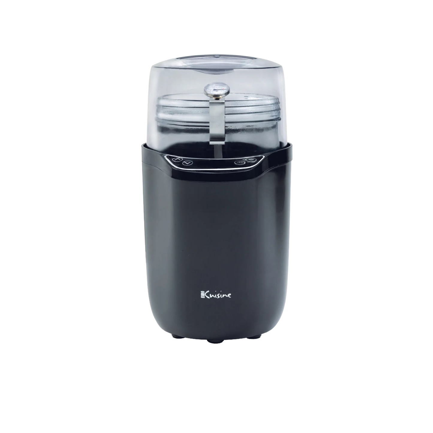 Compact black electric yogurt maker with clear plastic lid, stainless steel jars inside, digital control panel, designed for homemade yogurt and Greek yogurt in Kitchen & Food and Specialty Equipment collections.