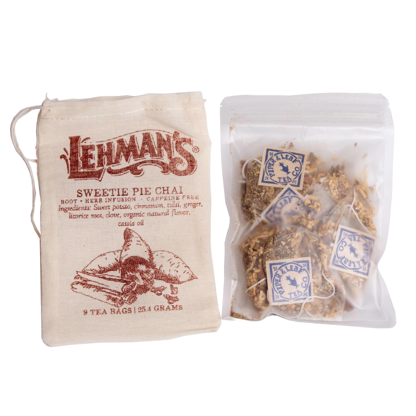 Cloth pouch with vintage design containing nine handcrafted herbal tea bags in a clear resealable pouch, made in USA, ideal for Kitchen & Food, Brewing Coffee and Tea, Beverages, and Best Sellers collections.