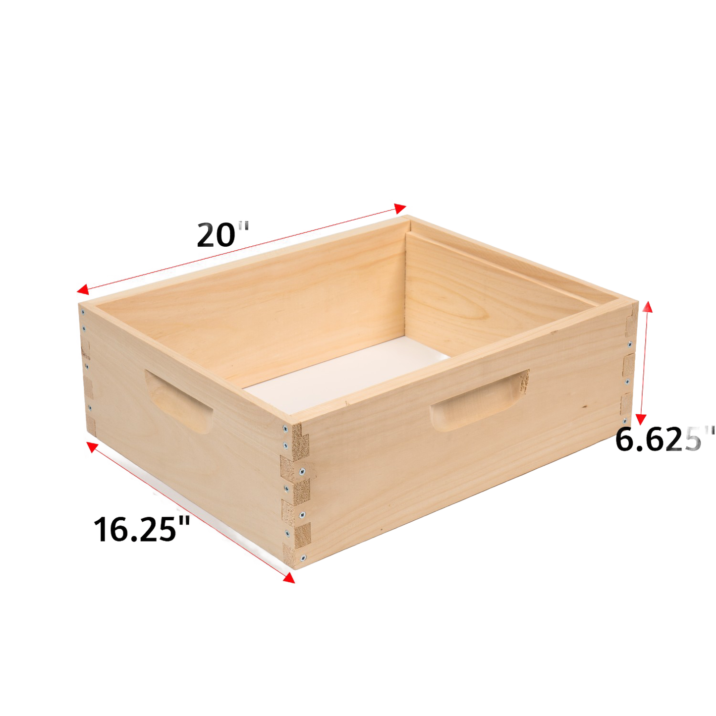 Handcrafted medium wooden bee box with joined corners and built-in handles, made in USA, ideal for beekeeping supplies and farm, garden, and tool collections.