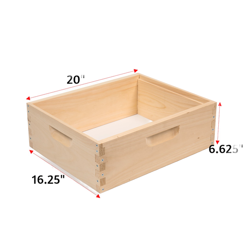 Handcrafted medium wooden bee box with joined corners and built-in handles, made in USA, ideal for beekeeping supplies and farm, garden, and tool collections.