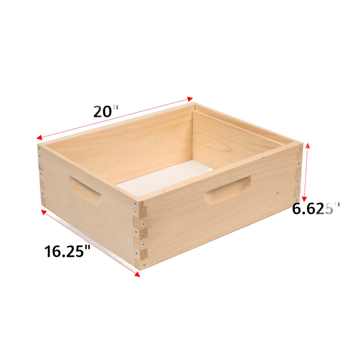 Handcrafted medium wooden bee box with joined corners and built-in handles, made in USA, ideal for beekeeping supplies and farm, garden, and tool collections.
