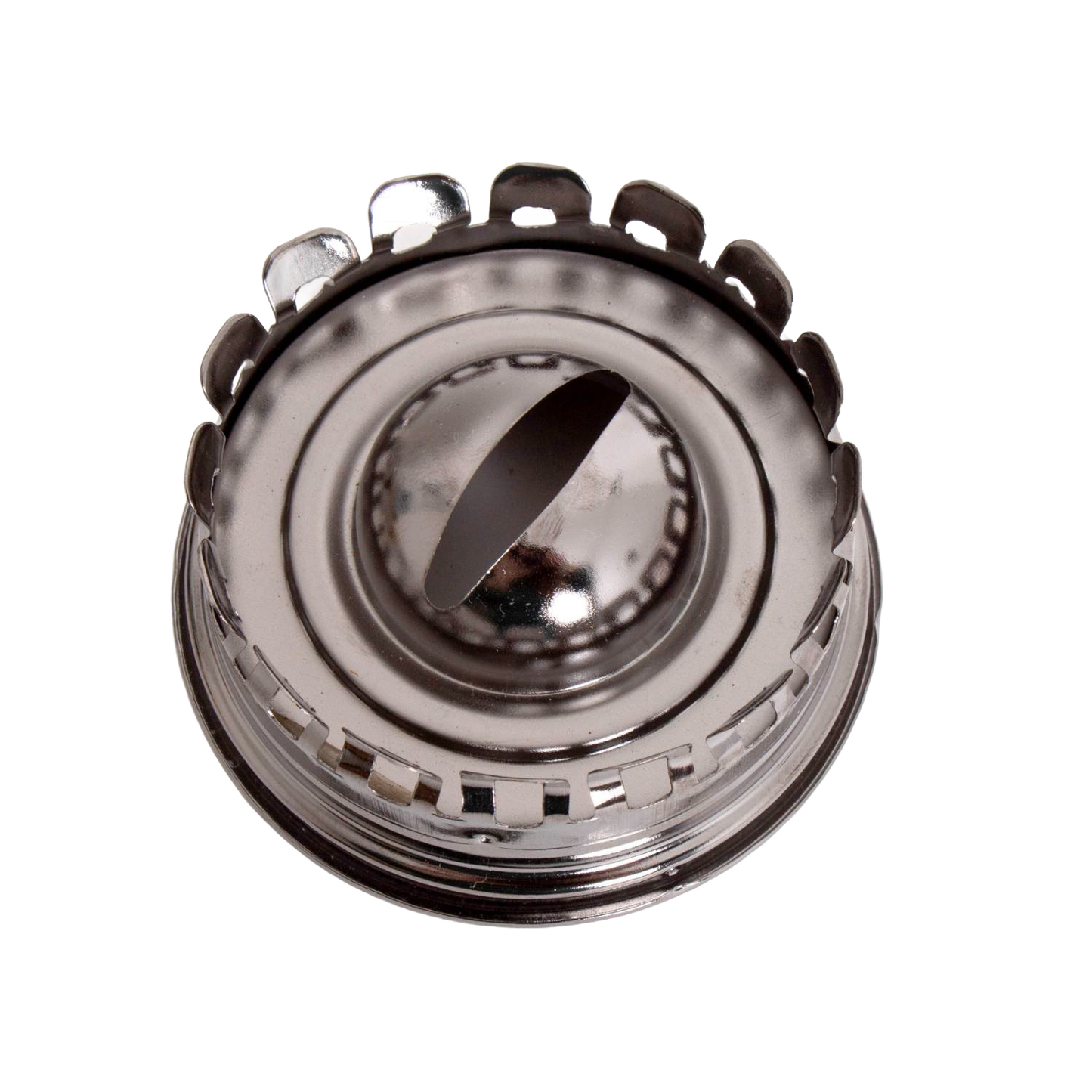 Close-up view of a polished metal burner cap with serrated edges and a central adjustment knob, part of a handcrafted oil lamp in the Lamps & Lighting and Oil Lamps collections.