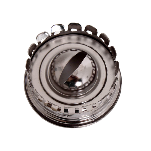 Close-up view of a polished metal burner cap with serrated edges and a central adjustment knob, part of a handcrafted oil lamp in the Lamps & Lighting and Oil Lamps collections.