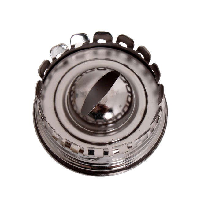 Close-up view of a polished metal burner cap with serrated edges and a central adjustment knob, part of a handcrafted oil lamp in the Lamps & Lighting and Oil Lamps collections.