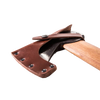 Close-up of a handcrafted axe with a polished leather blade cover secured by rivets and a strap, featuring a smooth wooden handle, ideal for farm, garden, and wood cutting tasks.