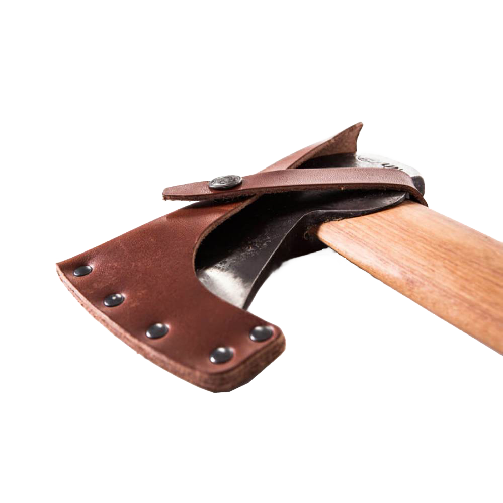 Close-up of a handcrafted axe with a polished leather blade cover secured by rivets and a strap, featuring a smooth wooden handle, ideal for farm, garden, and wood cutting tasks.