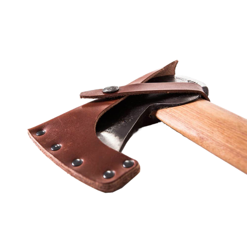 Close-up of a handcrafted axe with a polished leather blade cover secured by rivets and a strap, featuring a smooth wooden handle, ideal for farm, garden, and wood cutting tasks.