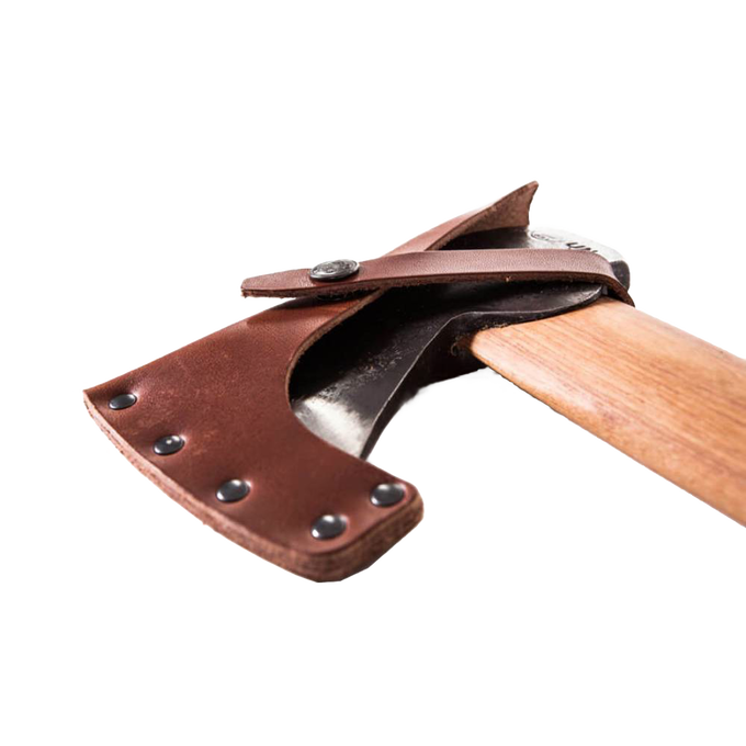 Close-up of a handcrafted axe with a polished leather blade cover secured by rivets and a strap, featuring a smooth wooden handle, ideal for farm, garden, and wood cutting tasks.