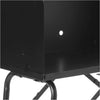 Close-up of the black all-steel collapsible outdoor cooking table’s corner featuring part of the three-sided windscreen and sturdy tubular legs, ideal for camping and garden use.