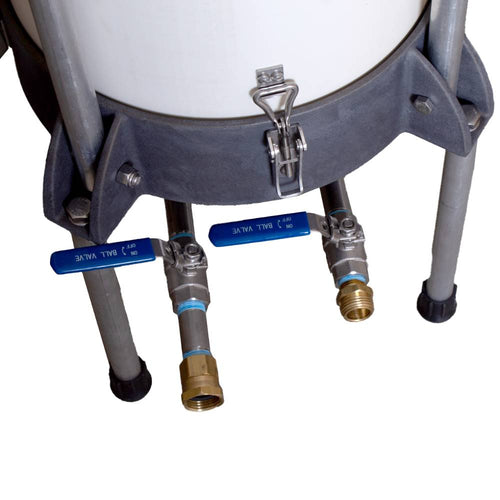 Close-up of the lower section on a handcrafted, Amish made water-powered sausage stuffer showing sturdy metal legs and dual blue-handled ball valves, designed for Kitchen & Food, Specialty Equipment, and Butchering Supplies collections.