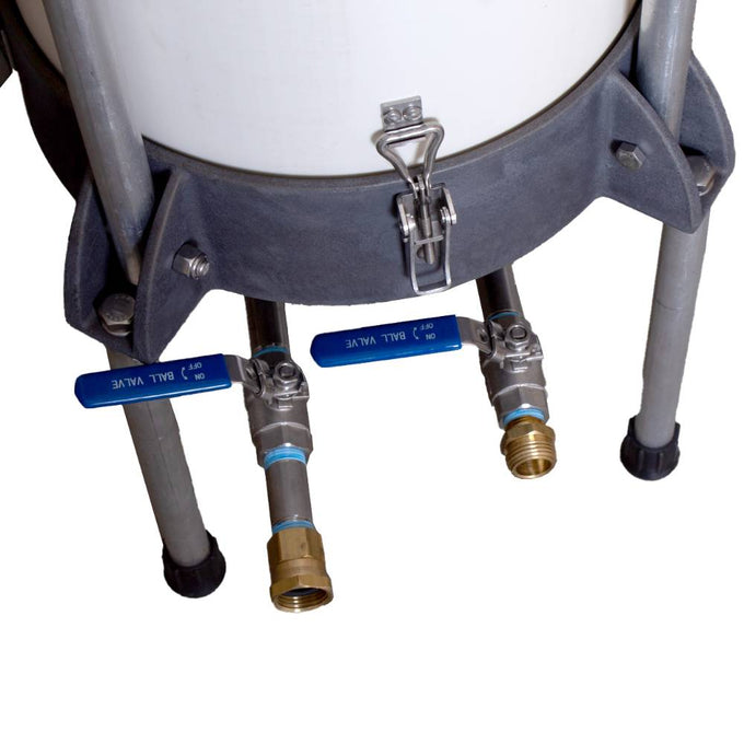 Close-up of the lower section on a handcrafted, Amish made water-powered sausage stuffer showing sturdy metal legs and dual blue-handled ball valves, designed for Kitchen & Food, Specialty Equipment, and Butchering Supplies collections.