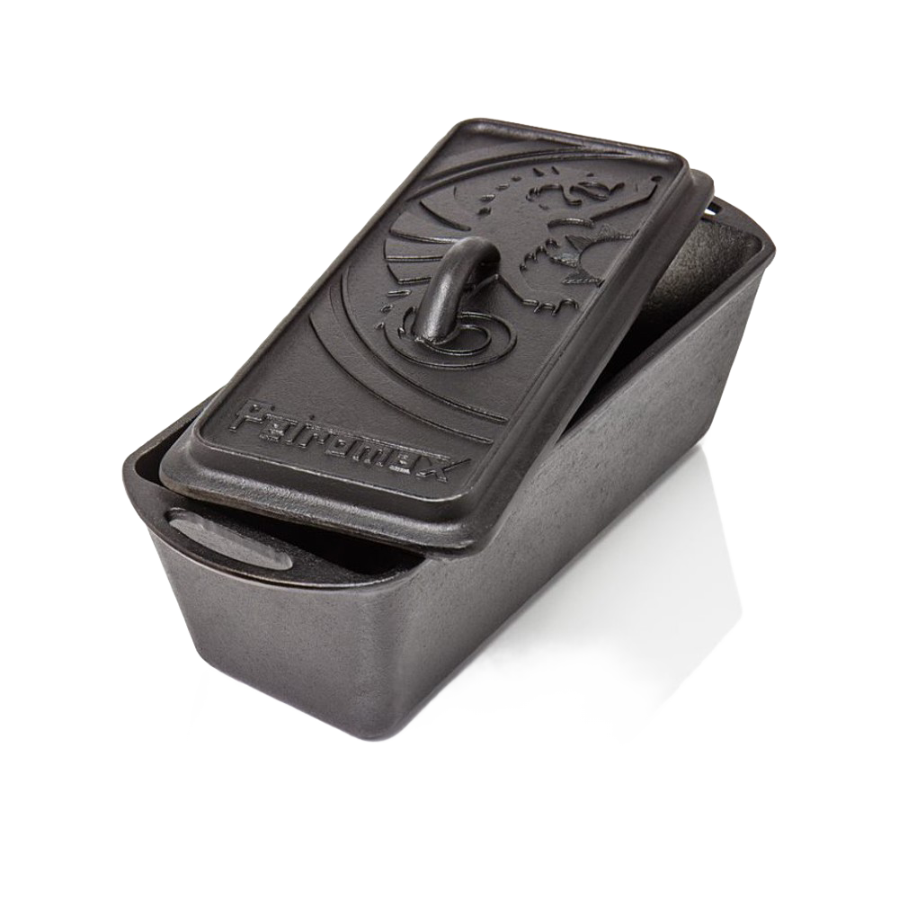Sturdy cast iron loaf pan with embossed lid featuring a dragon design, ideal for baking bread, casseroles, and versatile use in farm, kitchen, camping, and cookware collections.