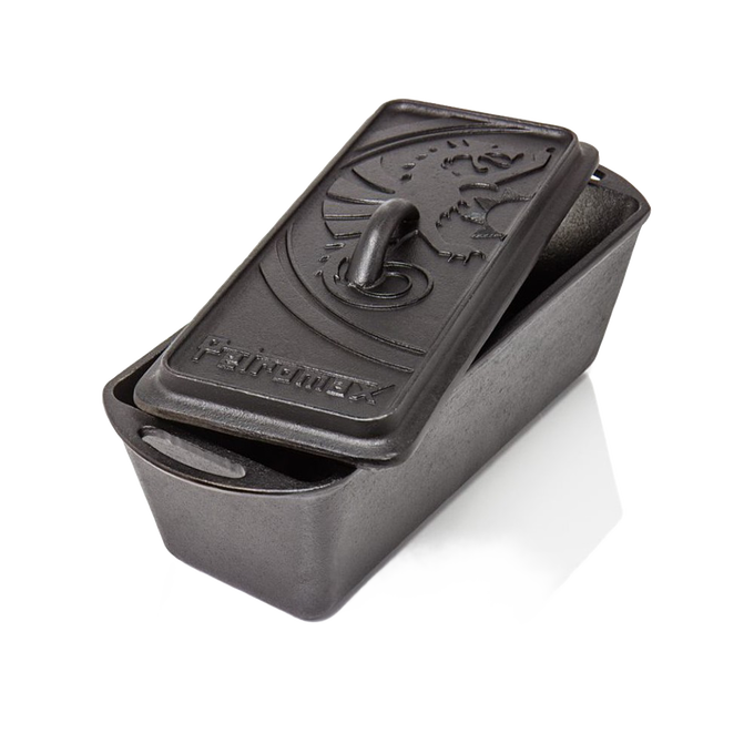 Sturdy cast iron loaf pan with embossed lid featuring a dragon design, ideal for baking bread, casseroles, and versatile use in farm, kitchen, camping, and cookware collections.