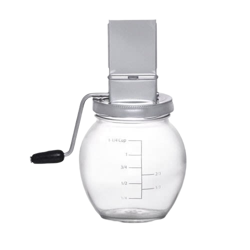 Glass jar nut grinder with stainless steel hopper and hand crank, featuring measurement lines up to 1-1/4 cups, ideal for Kitchen & Food and Food Prep collections.