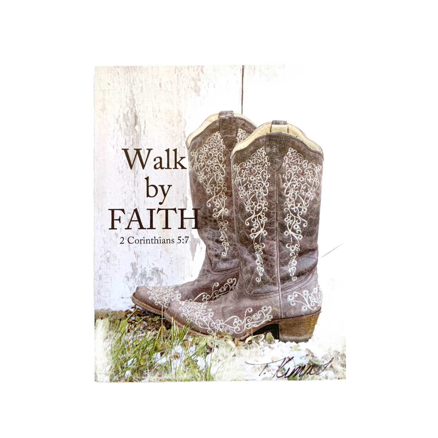 Handcrafted deluxe magnet depicting intricately embroidered cowboy boots resting on grass with a Bible verse from 2 Corinthians 5:7, perfect for Home & Decor, Best Sellers, and Promo Eligible collections.