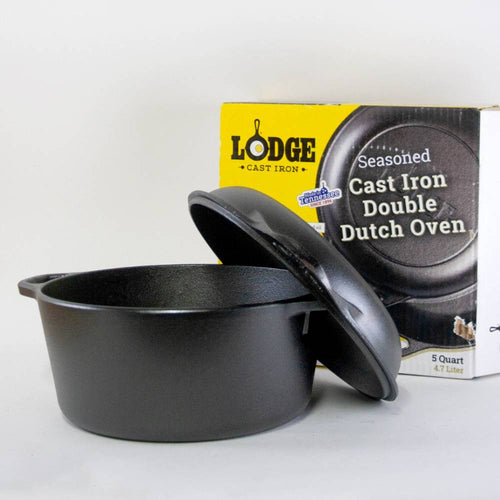 Black cast iron double Dutch oven with extra deep lid, handcrafted in USA, pre-seasoned and ready for use, ideal for Kitchen & Food, Cookware, Cast Iron, USA Made, and Best Sellers collections.