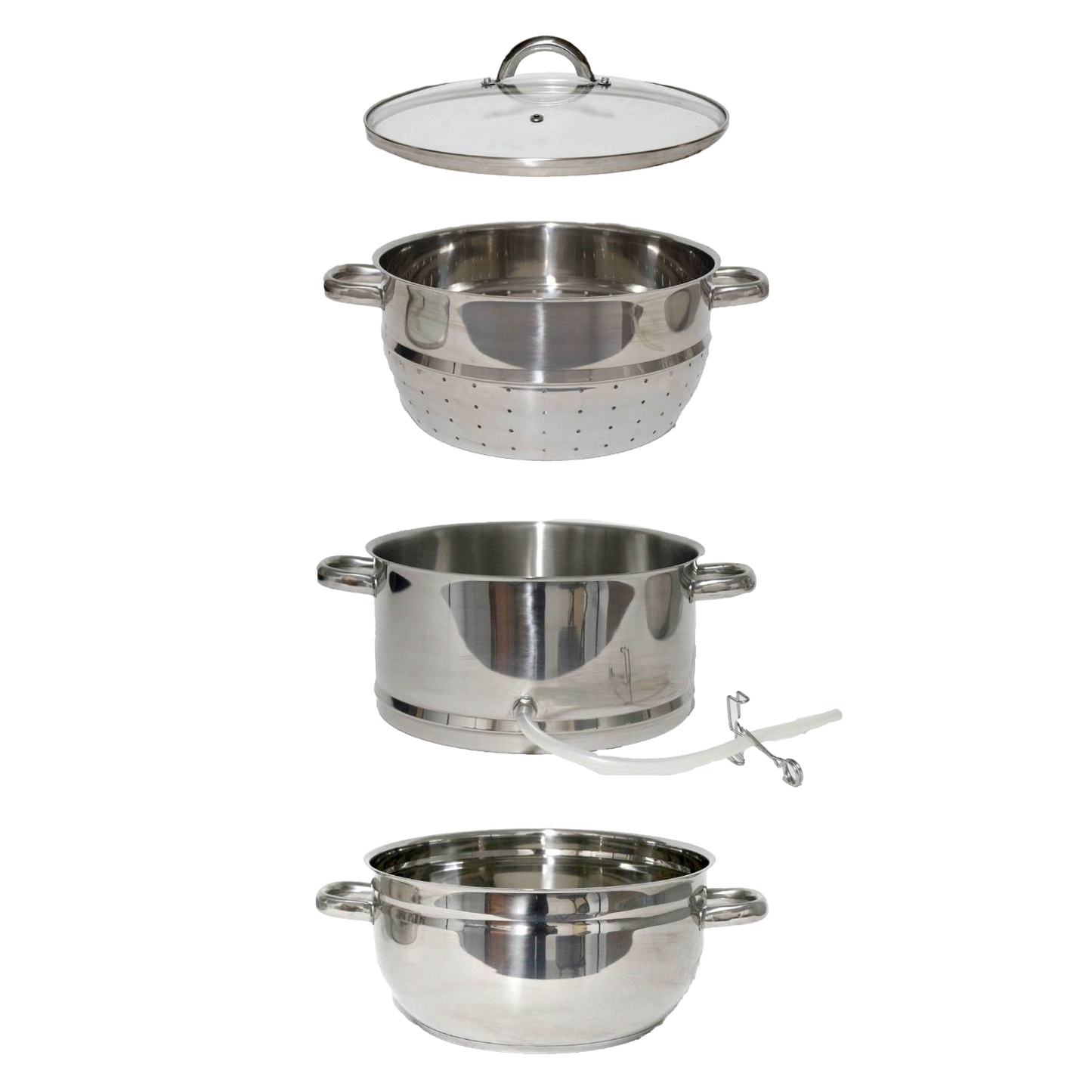 Four-piece stainless steel steam juicer set with glass lid, leak-proof spout, and side handles, designed for stovetop use, featured in Kitchen & Food and Juicers and Steamers collections.