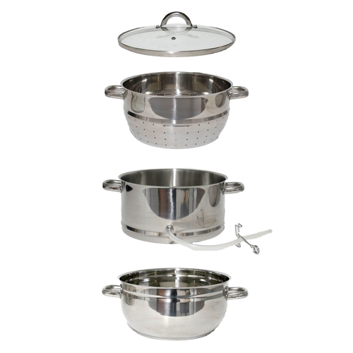 Four-piece stainless steel steam juicer set with glass lid, leak-proof spout, and side handles, designed for stovetop use, featured in Kitchen & Food and Juicers and Steamers collections.