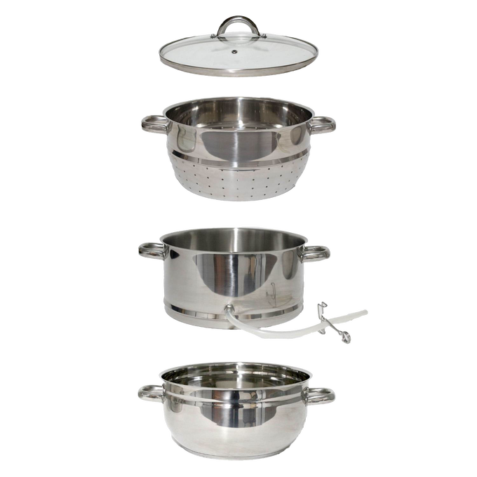 Four-piece stainless steel steam juicer set with glass lid, leak-proof spout, and side handles, designed for stovetop use, featured in Kitchen & Food and Juicers and Steamers collections.