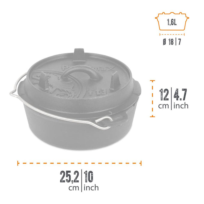 Small cast iron Dutch oven with a flat base, detailed lid, and metal bail handle, handcrafted for versatile cooking, featured in Kitchen & Food, Cookware, Cast Iron, Best Sellers, and Promo Eligible collections.