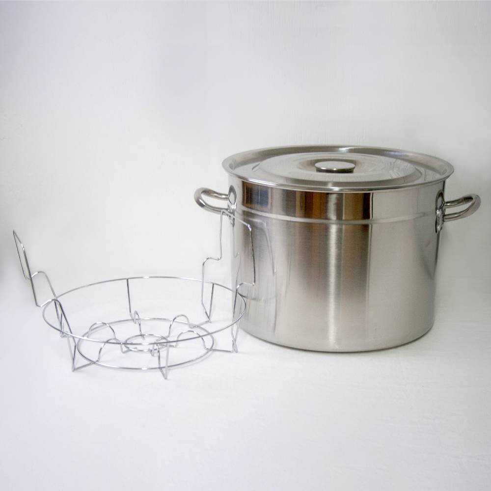 Polished stainless steel 20-quart water bath canner with lid and removable wire rack, ideal for food preservation, kitchen use, and canning in Kitchen & Food and Canning collections.