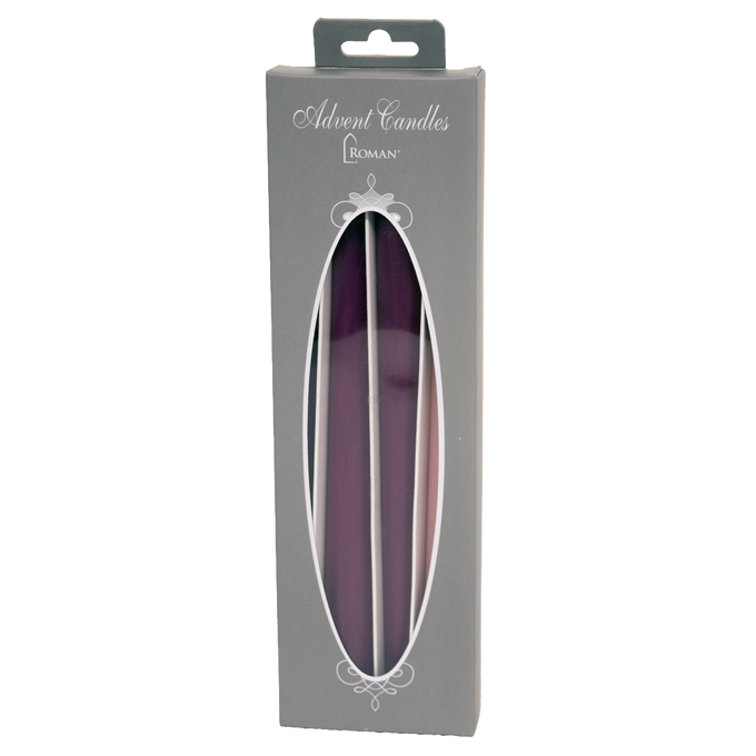 Set of four handcrafted Advent taper candles in three rich purple hues and one soft pink, designed for Home & Decor, Holiday Decor, Candles, Best Sellers, and Promo Eligible collections.