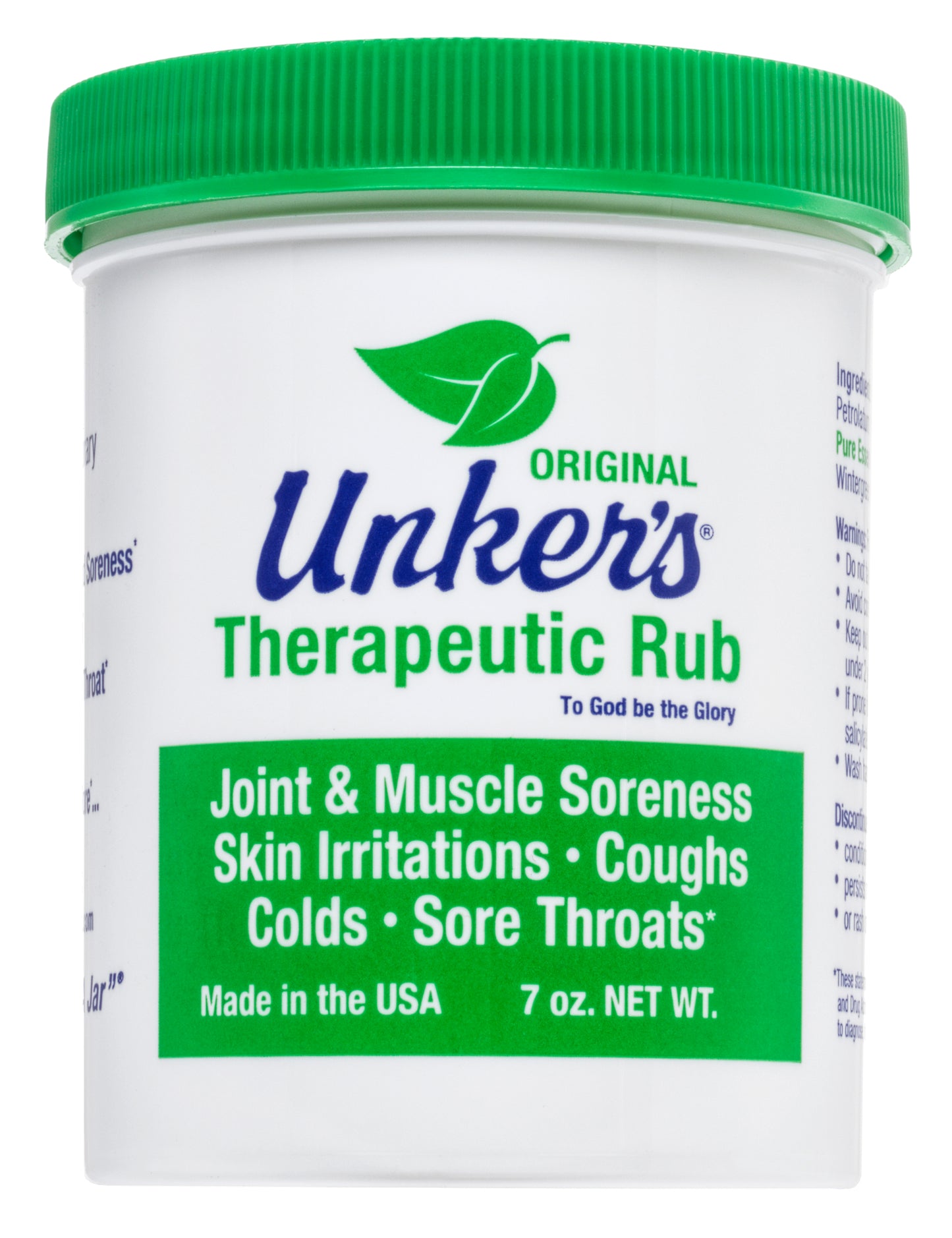 Handcrafted therapeutic rub jar with green lid, offering natural relief for joint and muscle soreness, skin irritations, coughs, colds, and sore throats, made in USA, featured in Health & Wellness, Health Remedies, USA Made, Best Sellers, and Promo Eligible collections.