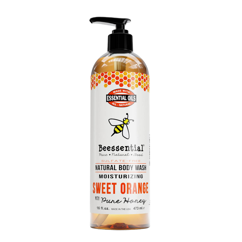 Handcrafted natural body wash with sweet orange and pure honey scent in a 16 oz pump bottle, sulfate-free and made in USA, featured in Health & Wellness, Grooming, Soaps, and Best Sellers collections.