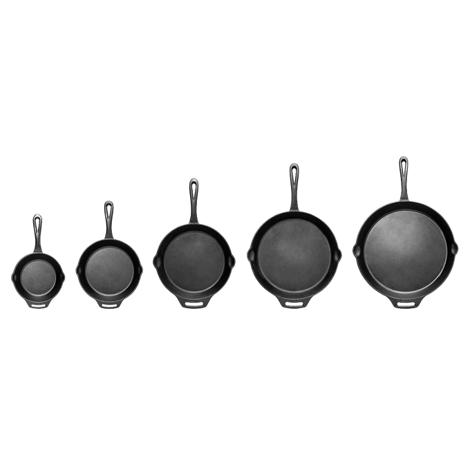Set of five cast iron pans in graduated sizes with long handles and helper grips, designed for versatile cooking in Farm, Garden & Tool, Kitchen & Food, Camping, Cookware, Cast Iron, Best Sellers, and Promo Eligible collections.