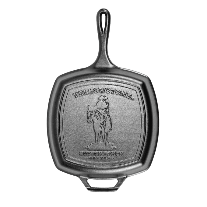 Square cast iron grill pan with a cowboy and horse design embossed on the cooking surface, handcrafted and made in USA, ideal for Kitchen & Food and Cookware collections.