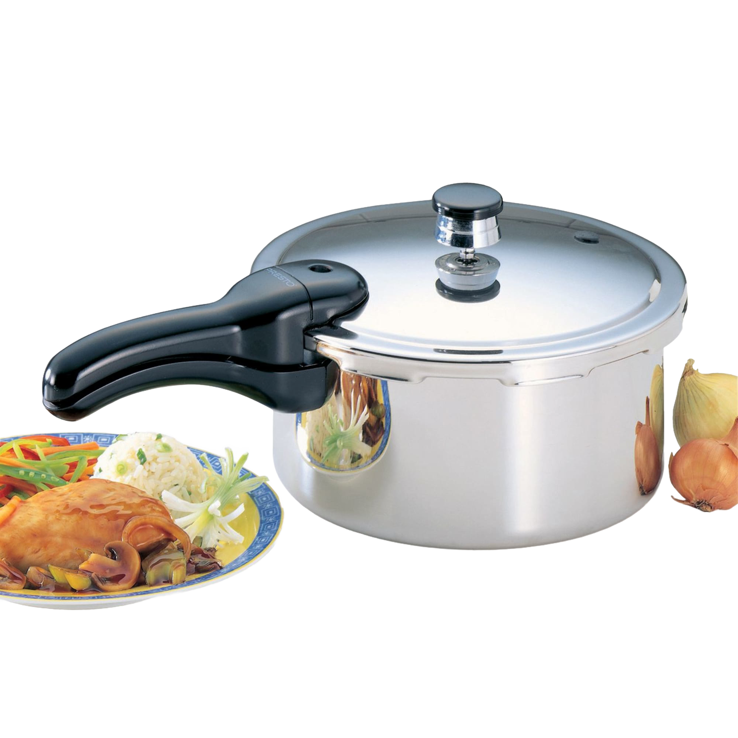 Handcrafted aluminum pressure cooker with polished finish and black ergonomic handle, shown with a plate of cooked chicken, rice, and vegetables, featured in Kitchen & Food, Cookware, Pots and Pans, Best Sellers, and Promo Eligible collections.