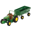 Handcrafted green and yellow toy tractor with detachable wagon, made of durable plastic and die-cast metal hood, perfect for indoor play and children’s toy collections.