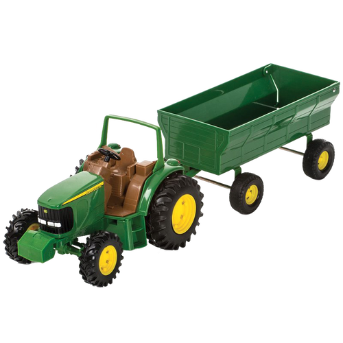 Handcrafted green and yellow toy tractor with detachable wagon, made of durable plastic and die-cast metal hood, perfect for indoor play and children’s toy collections.