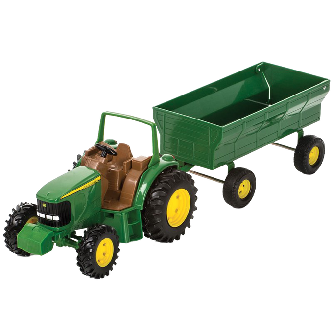 Handcrafted green and yellow toy tractor with detachable wagon, made of durable plastic and die-cast metal hood, perfect for indoor play and children’s toy collections.
