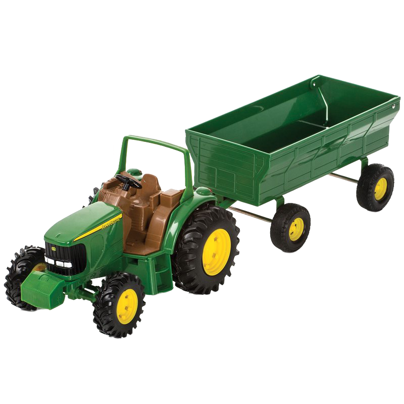 Handcrafted green and yellow toy tractor with detachable wagon, made of durable plastic and die-cast metal hood, perfect for indoor play and children’s toy collections.